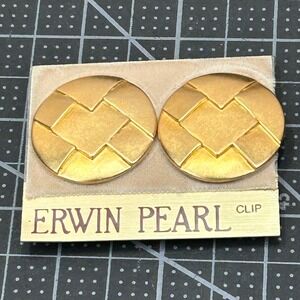Erwin Pearl Vintage Gold Tone Geometric‎ Basketweave Clip On Earrings On Card